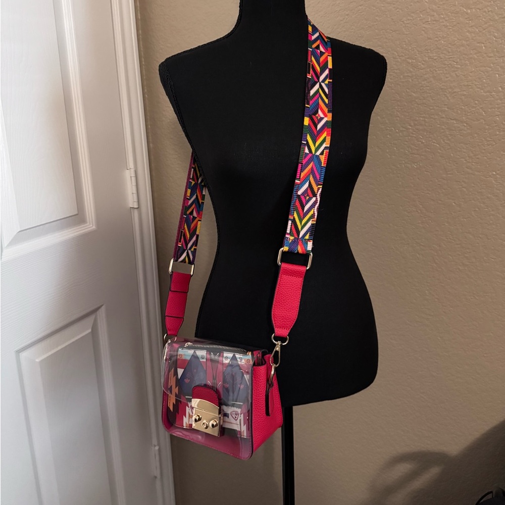 Red Clear Patterned Crossbody Bag with Gold Hardware